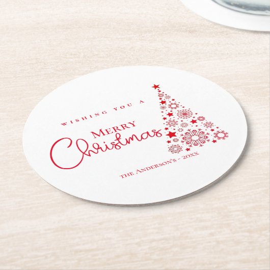 赤モダン書道楽しいクリスマス ラウンドペーパーコースター (アングル)
