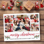 赤モダン書道5写真家族クリスマス ポストカード<br><div class="desc">書道モダン脚本5写真家族フォトコラージメリークリスマスハガキに水彩クリスマスホリーベリーが含まれる – レッドスクリプト</div>