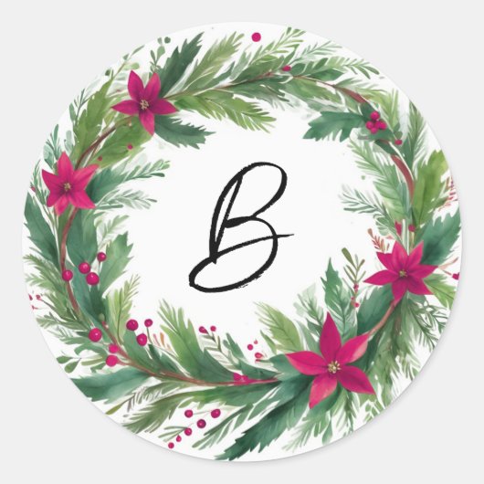 赤モダン水カラークリスマスリースモノグラム ラウンドシール (正面)