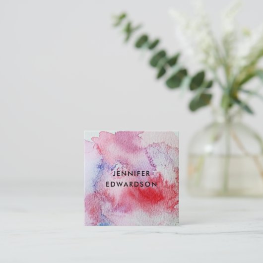 赤モダン水色(ばちゃばちゃ)跳ねるプロフェッショナル スクエア名刺 (スタンド正面)