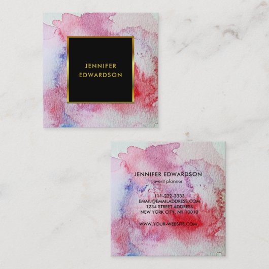 赤モダン水色(ばちゃばちゃ)跳ねる金ゴールド黒枠 スクエア名刺 (正面/裏面)