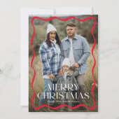 赤モダン波枠メリークリスマス3写真 シーズンカード (正面)
