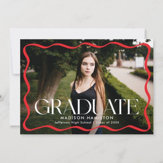 赤モダン波額卒業生2写真卒業 案内状 (正面)