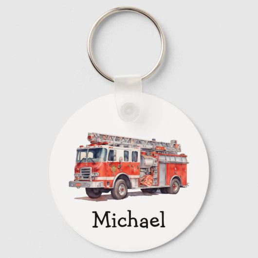 赤モダン消防車の名パーソナライズされた前 キーホルダー (正面)