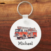 赤モダン消防車の名パーソナライズされた前 キーホルダー (正面)