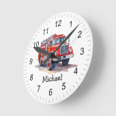 赤モダン消防車の名パーソナライズされた前 ラウンド壁時計 (傾斜)