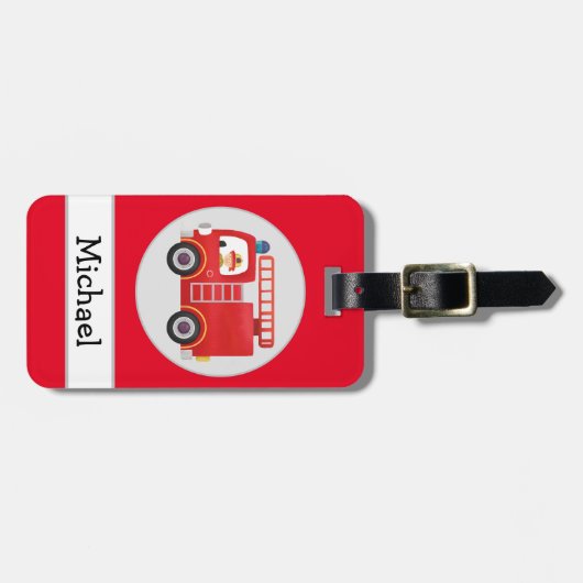赤モダン消防車の名パーソナライズされた前 ラゲッジタグ (正面横)