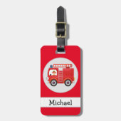 赤モダン消防車の名パーソナライズされた前 ラゲッジタグ (正面縦)