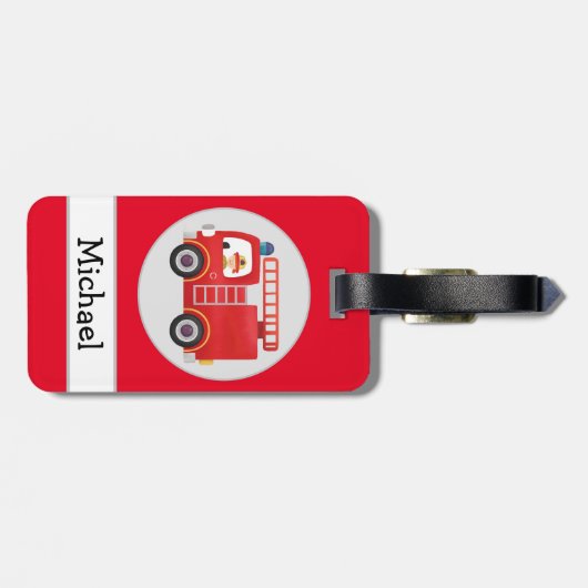 赤モダン消防車の名パーソナライズされた前 ラゲッジタグ (裏面横)