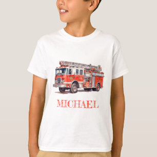 赤モダン消防車の名パーソナライズされた前 Tシャツ