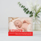 赤モダン男の赤ちゃん写真発表葉書 案内ポストカード (スタンド正面)