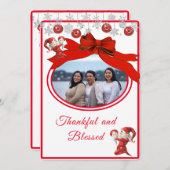 赤モダン白かわいい小妖精や小人写真メリークリスマス シーズンカード (正面/裏面)