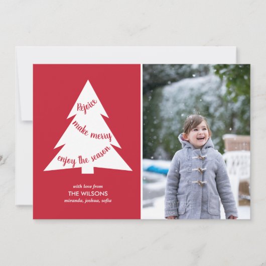 赤モダン白のクリスマスツリーとカスタム写真 シーズンカード (正面)