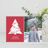 赤モダン白のクリスマスツリーとカスタム写真 シーズンカード (スタンド正面)
