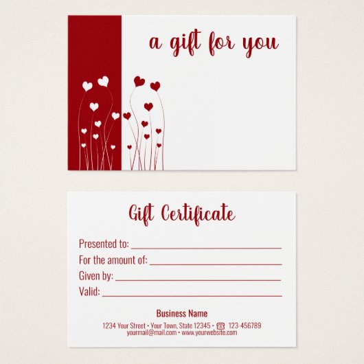 赤モダン白の愛ハートロマンチックなギフトカード (正面&裏面)