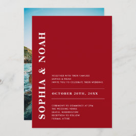 赤モダン白エレガントシンプル結婚写真 招待状