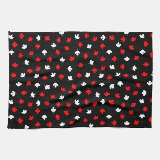 赤モダン白カナダメープルリーフブラックパターン キッチンタオル (横)