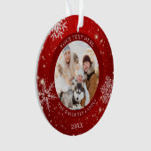 赤モダン白スノーフレークパーソナライズされた写真 オーナメント (正面)