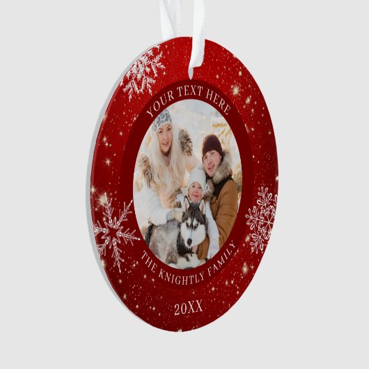 赤モダン白スノーフレークパーソナライズされた写真 オーナメント (正面)