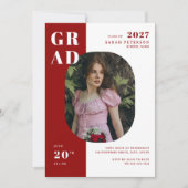 赤モダン白タイポグラフィ写真卒業 招待状 (正面)