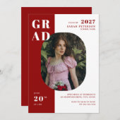 赤モダン白タイポグラフィ写真卒業 招待状 (正面/裏面)