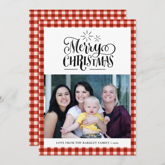 赤モダン白バッファロープレイドおもしろいスクリプトシンプル シーズンカード (正面/裏面)