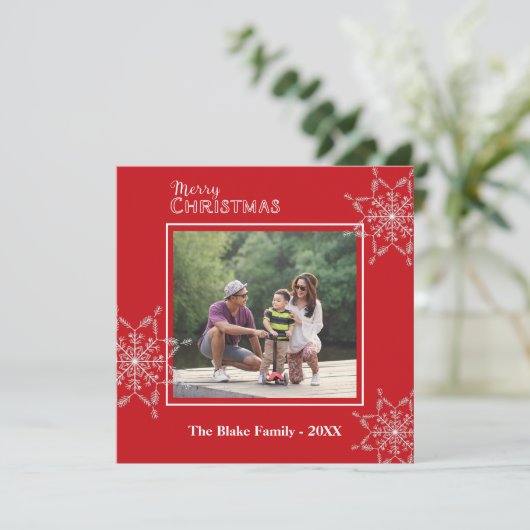 赤モダン白フレーム家族の写真クリスマス シーズンカード (スタンド正面)