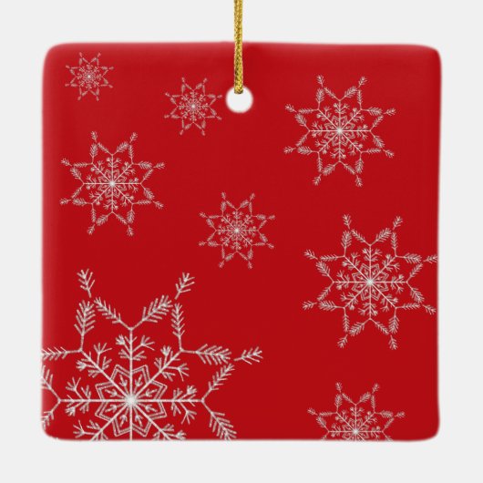 赤モダン白フレーム家族の写真クリスマス セラミックオーナメント (裏面)