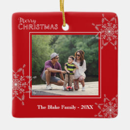 赤モダン白フレーム家族の写真クリスマス セラミックオーナメント