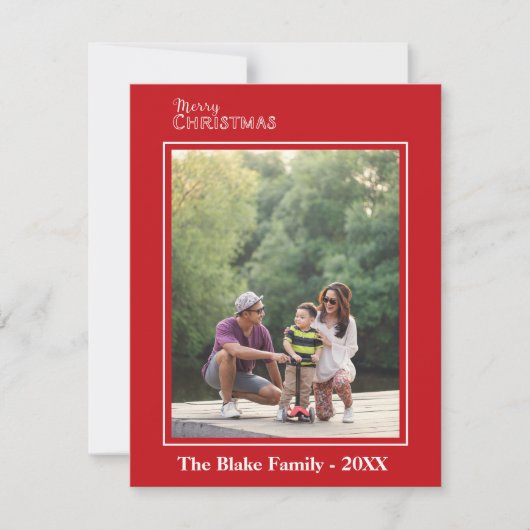 赤モダン白フレーム家族の写真クリスマス ノートカード (正面)