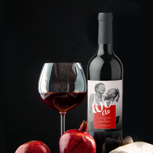 赤モダン白ブラシの写結婚真 ワインラベル