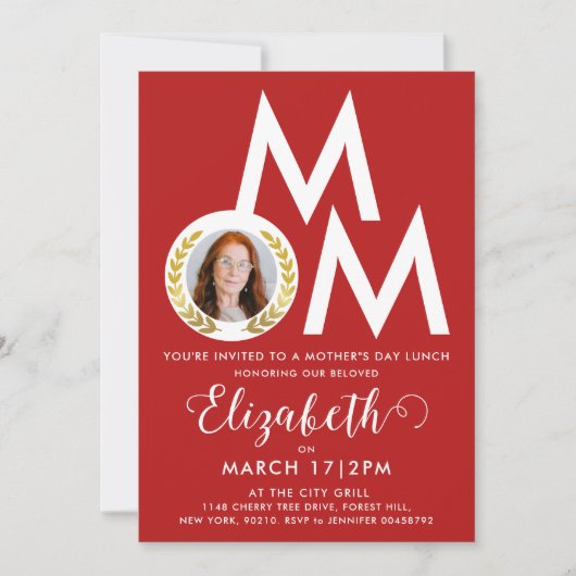 赤モダン白マザーデー賞昼食型はっきりした型 招待状 (正面)