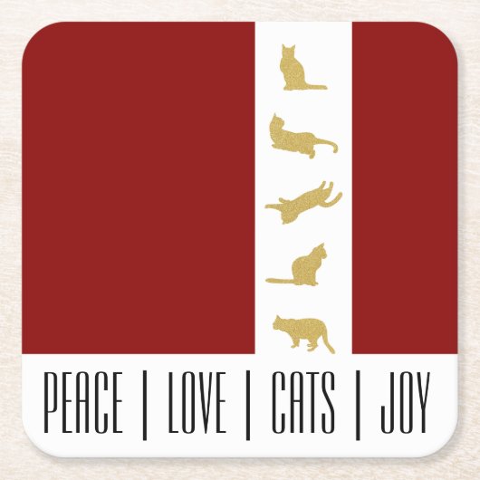 赤モダン白金ゴールド猫クリスマス スクエアペーパーコースター (正面)