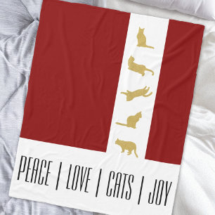 赤モダン白金ゴールド猫クリスマス フリースブランケット