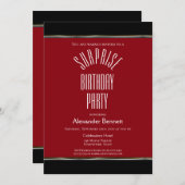 赤モダン白黒サプライズ誕生日パーティー 招待状 (正面/裏面)