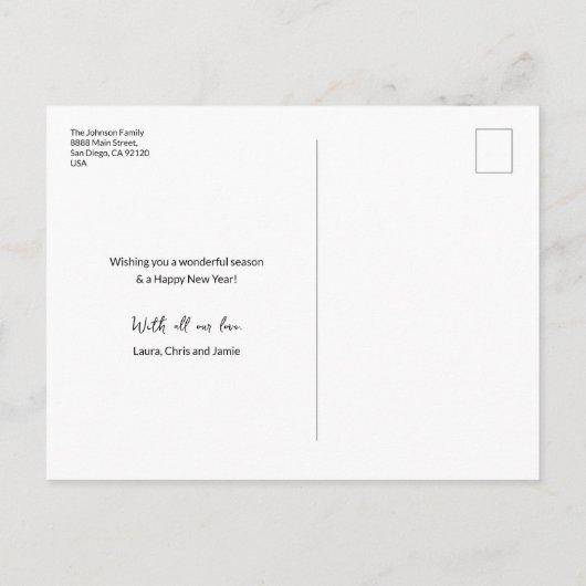 赤モダン白黒3 – フォトホリデーファミリー ポストカード (裏面)