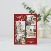 赤モダン筆スクリプト4写真新年おめでとう ポストカード (スタンド正面)