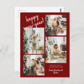 赤モダン筆スクリプト4写真新年おめでとう ポストカード (正面/裏面)