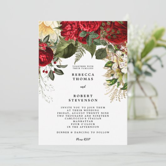 赤モダン結婚式招待状フローラ冬 招待状 (スタンド正面)