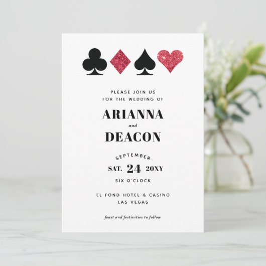 赤モダン結婚式招待状付きグリッター 招待状 (スタンド正面)