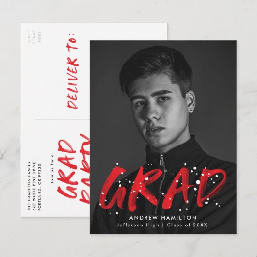 赤モダン絵を描（ばちゃばちゃ）跳ねる写真卒業パーティー インビテーションポストカード (正面/裏面)