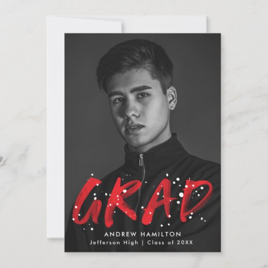 赤モダン絵を描(ばちゃばちゃ)跳ねる写真卒業パーティー 招待状 (正面)