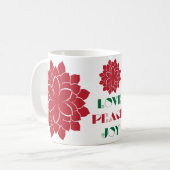 赤モダン緑と白の愛、平和、喜び文字 コーヒーマグカップ (正面左)