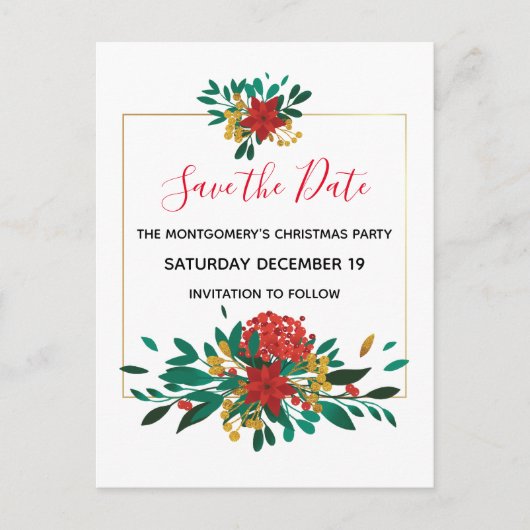 赤モダン緑と金ゴールドのクリスマス日付を保存 インビテーションポストカード (正面)