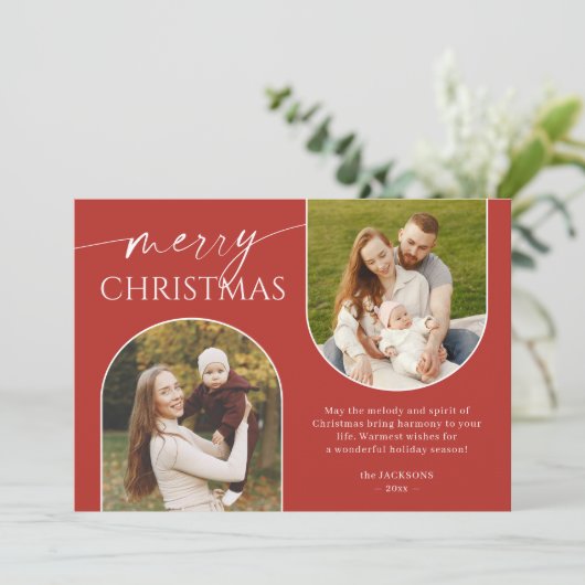 赤モダン緑のアーチ写真フレームクリスマス シーズンカード (スタンド正面)