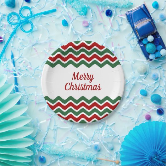 赤モダン緑のストライプクリスマス ペーパープレート (パーティー)