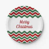 赤モダン緑のストライプクリスマス ペーパープレート (正面)