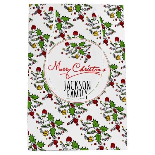 赤モダン緑のホリーベリークリスマス ミディアムペーパーバッグ (正面)