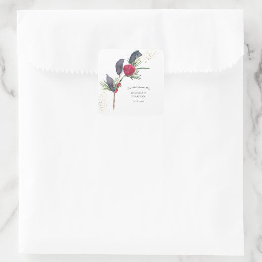 赤モダン緑の冬のフローラクリスチャン結婚ズ スクエアシール (バッグ)