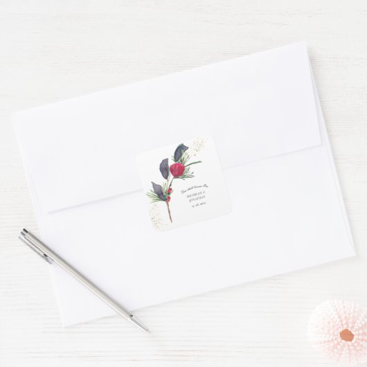 赤モダン緑の冬のフローラクリスチャン結婚ズ スクエアシール (封筒)